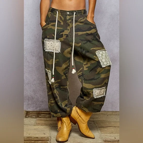 NWT POL Boho Patchwork Relaxed Fit Camo Camouflage Jogger Drawstring Pants - Picture 5 of 10